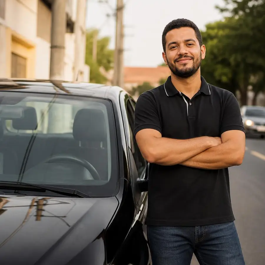 Motorista parceiro ao lado do seu carro preto
